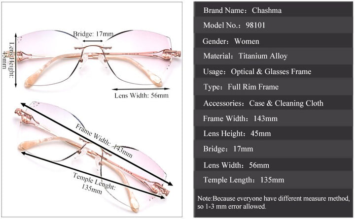 Chashma Ottica Women's Rimless Square Cat Eye Titanium Eyeglasses Tinted Lenses 98101 Rimless Chashma Ottica