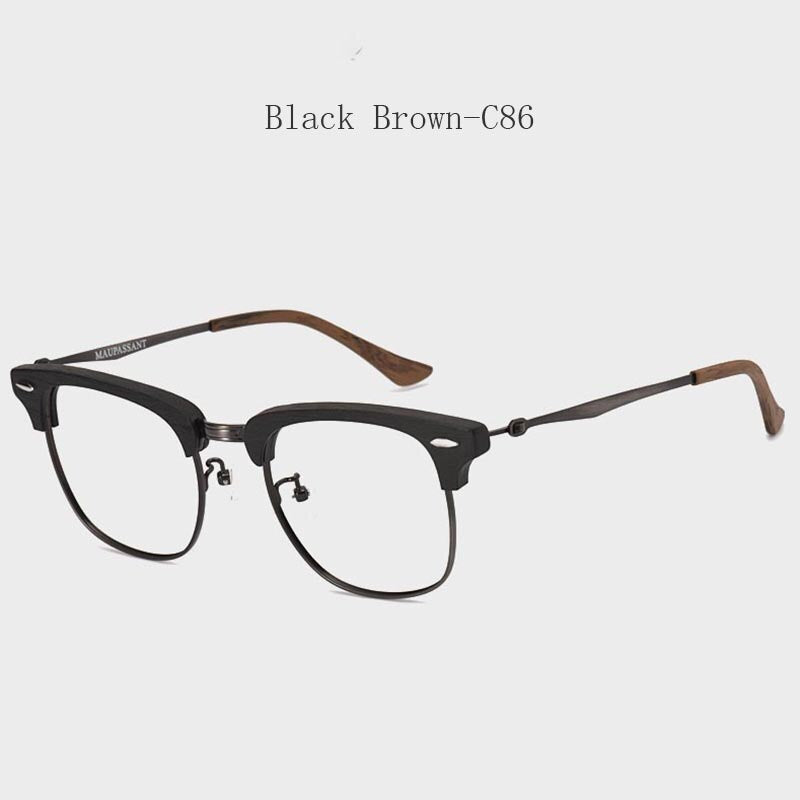 Hdcrafter Men's Full Rim Round Wood Alloy Frame Eyeglasses 8057 Full Rim Hdcrafter Eyeglasses Black Brown-C86