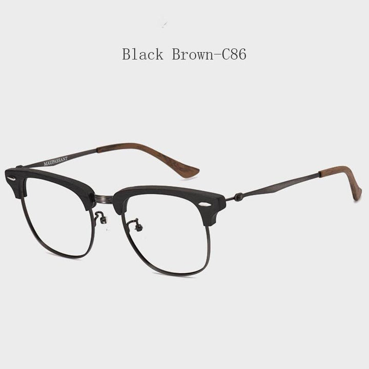 Hdcrafter Men's Full Rim Round Wood Alloy Frame Eyeglasses 8057 Full Rim Hdcrafter Eyeglasses Black Brown-C86