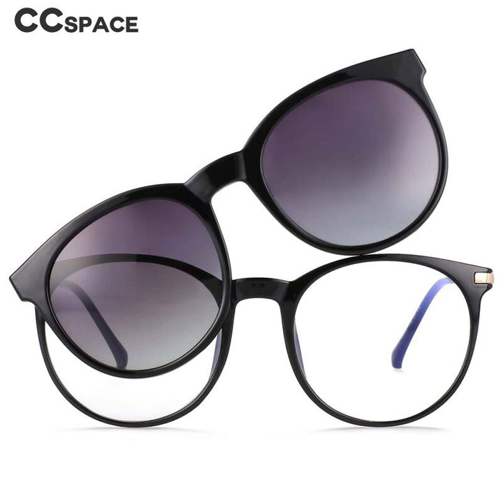 CCspace Unisex Full Rim Round Tr 90 Titanium Frame Eyeglasses Clip On Sunglasses 54044 With Clip Ons CCspace