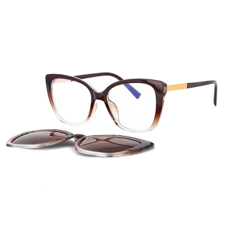 CCspace Unisex Full Rim Square Cat Eye Tr 90 Titanium Eyeglasses Clip On Sunglasses 53547 With Clip Ons CCspace tea