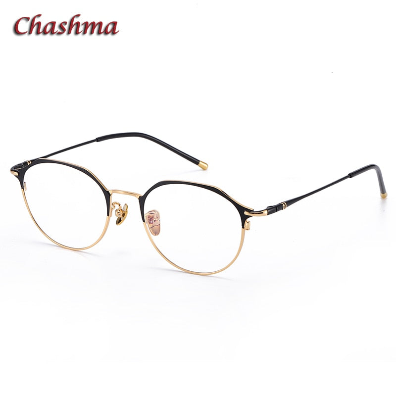 Chashma Ochki Unisex Full Rim Irregular Round Titanium Eyeglasses 6105 Full Rim Chashma Ochki Black Gold 1