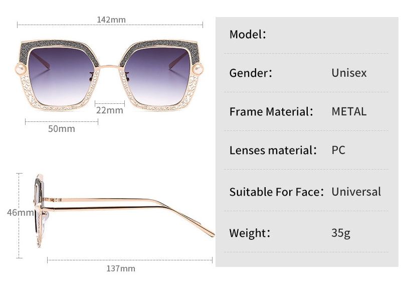 CCspace Women's Full Rim Square Cat Eye Hollow Pearl Alloy Frame Sunglasses 46548 Sunglasses CCspace Sunglasses