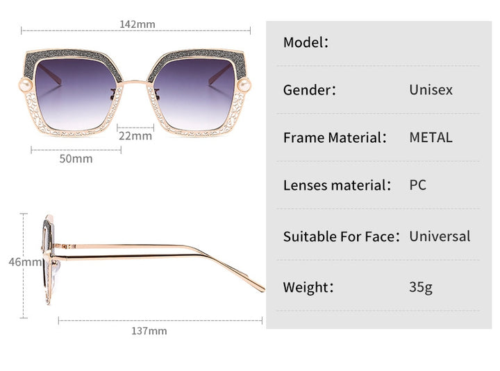 CCspace Women's Full Rim Square Cat Eye Hollow Pearl Alloy Frame Sunglasses 46548 Sunglasses CCspace Sunglasses