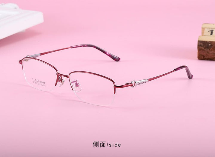 Women's Rectangular Half Rim Titanium Frame Eyeglasses Lr7828 Semi Rim Bclear red silvery