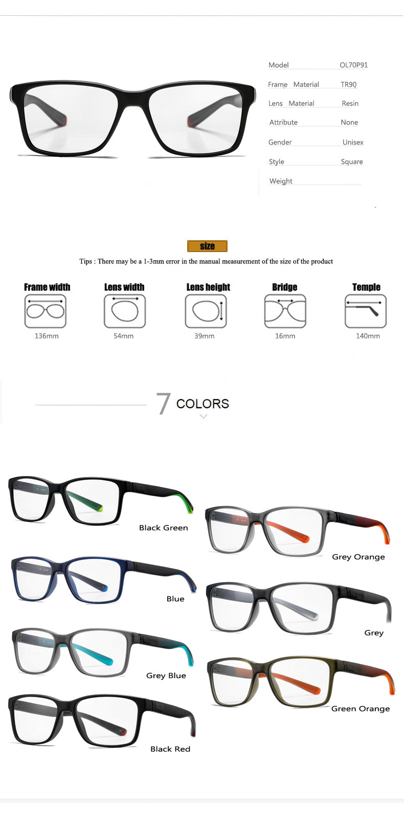 Oveliness Unisex Full Rim Square Tr 90 Titanium Eyeglasses 7091 Full Rim Oveliness