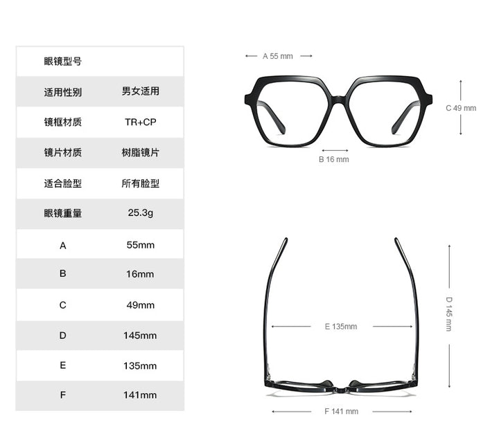 CCspace Unisex Full Rim Polygon Tr 90 Titanium Frame Eyeglasses 49324 Full Rim CCspace