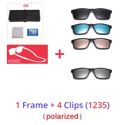 Ralferty Unisex Square Eyeglasses With Clip On Sunglasses With Clip Ons Ralferty 1Frame 4 Clips 1235 Full black frame