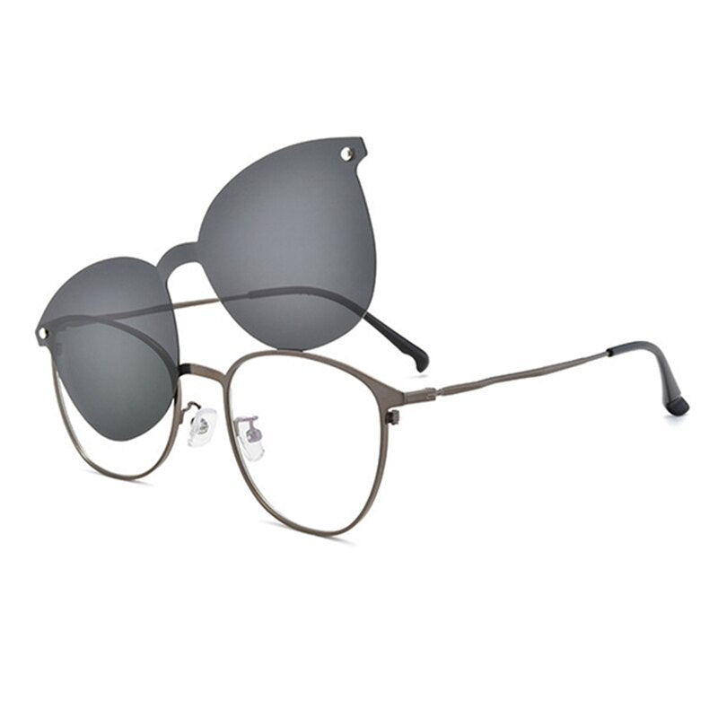 Hotochski Unisex Full Rim Titanium Oval Frame Eyeglasses With Polarized Clip On Sunglasses S94002 With Clip Ons Hotochki gray