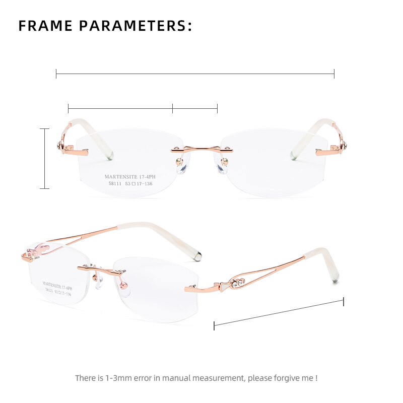 Zirosat 58111 Women's Eyeglasses Alloy Tint Lenses Diamond Cutting Rimless Titanium Rimless Zirosat