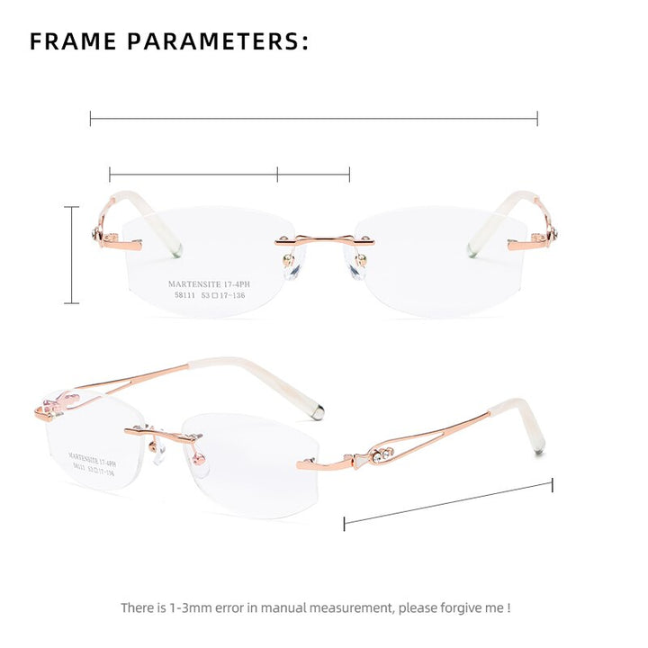 Zirosat 58111 Women's Eyeglasses Alloy Tint Lenses Diamond Cutting Rimless Titanium Rimless Zirosat