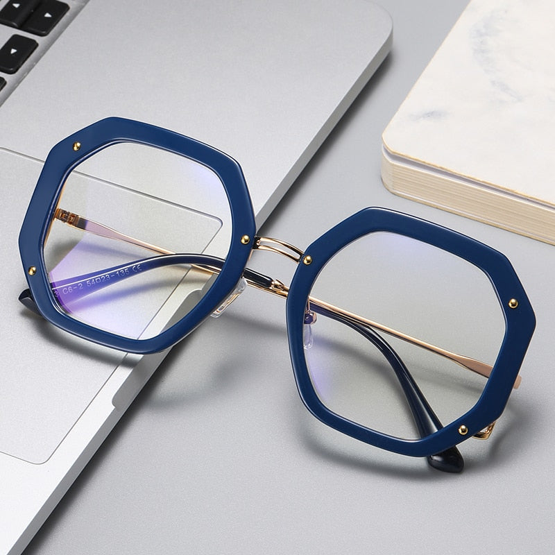 Hotony Women's Full Rim Polygonal Round TR 90 Resin Alloy Frame Eyeglasses 95243 Full Rim Hotony