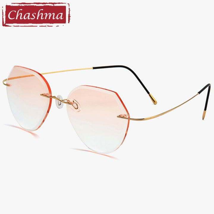 Chashma Ottica Unisex Rimless Polygonal Round Titanium Eyeglasses Tint Lenses 8018 Rimless Chashma Ottica Gold Brown