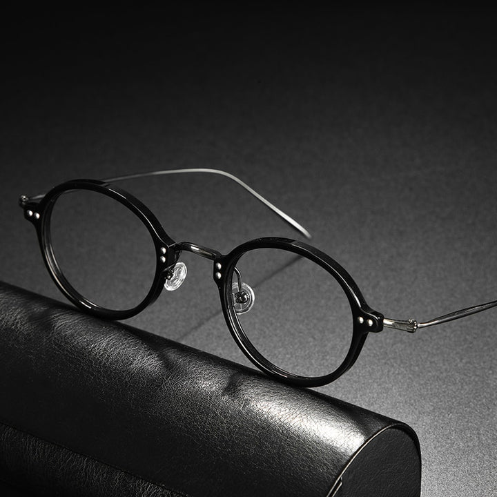Gatenac Unisex Full Rim Round Acetate Titanium Frame Eyeglasses Gxyj546 Full Rim Gatenac Black Gun