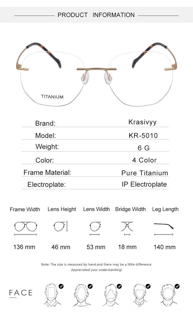 Krasivyy Unisex Rimless Irregular Round Screwless Titanium Eyeglasses Kr5010 Rimless Krasivyy