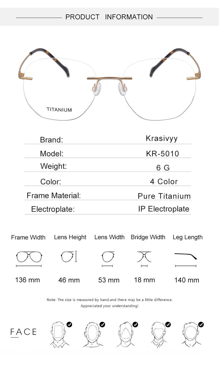 Krasivyy Unisex Rimless Irregular Round Screwless Titanium Eyeglasses Kr5010 Rimless Krasivyy