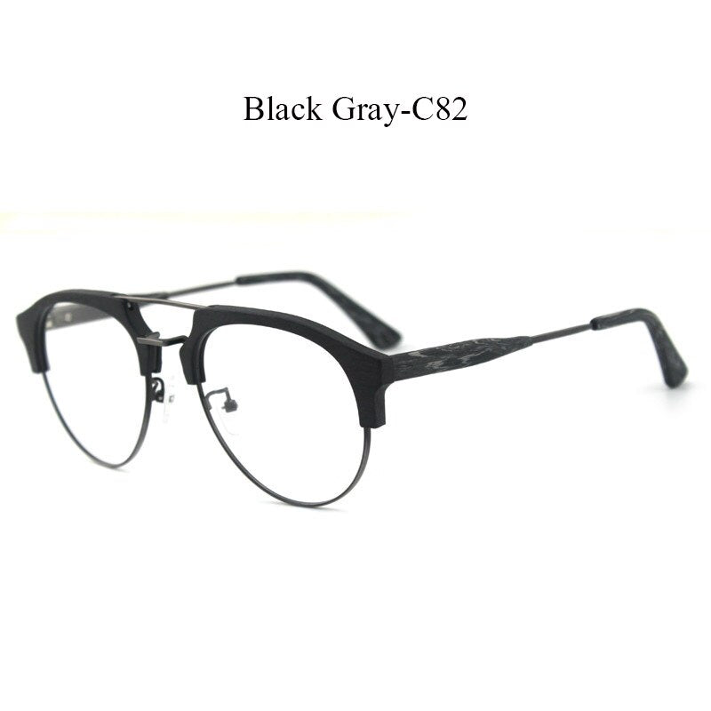 Hdcrafter Men's Full Rim Round Double Bridge Wood Metal Frame Eyeglasses 15144 Full Rim Hdcrafter Eyeglasses C82