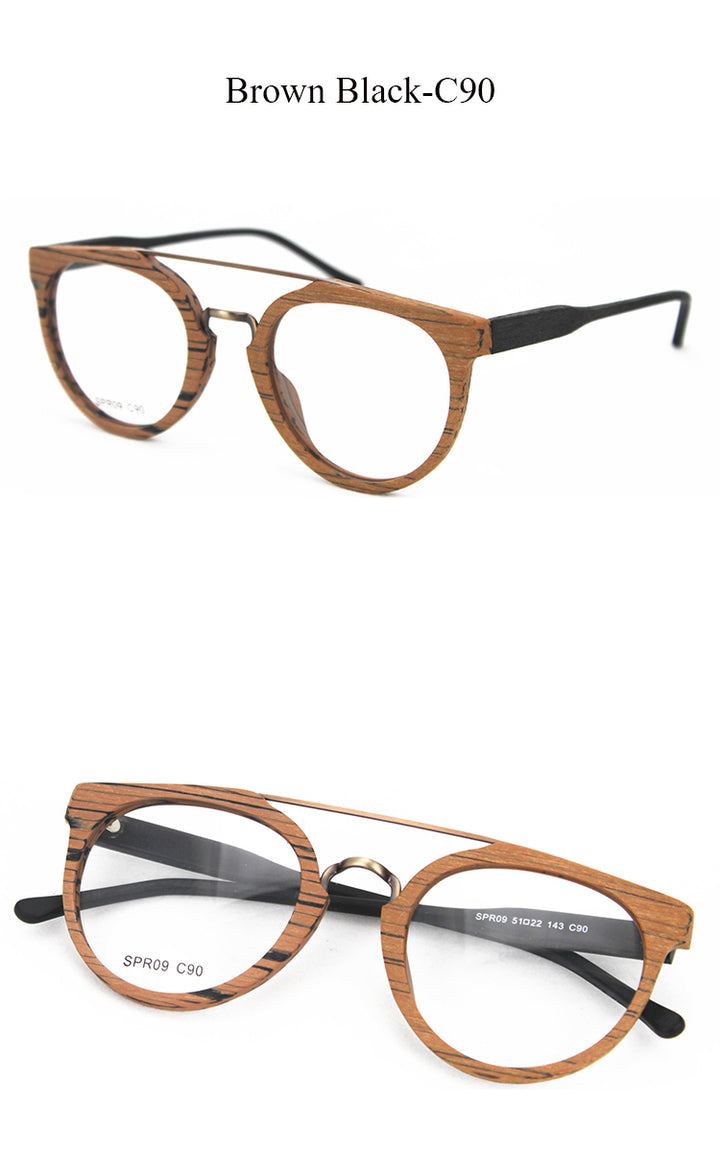 Hdcrafter Unisex Full Rim Round Wood Metal Acetate Double Bridge Frame Eyeglasses Spr09 Full Rim Hdcrafter Eyeglasses