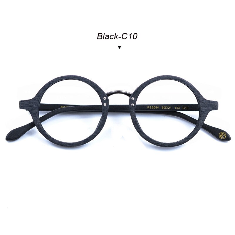 Hdcrafter Men's Full Rim Round Metal Wood Frame Eyeglasses Ps6084 Full Rim Hdcrafter Eyeglasses Black-C10