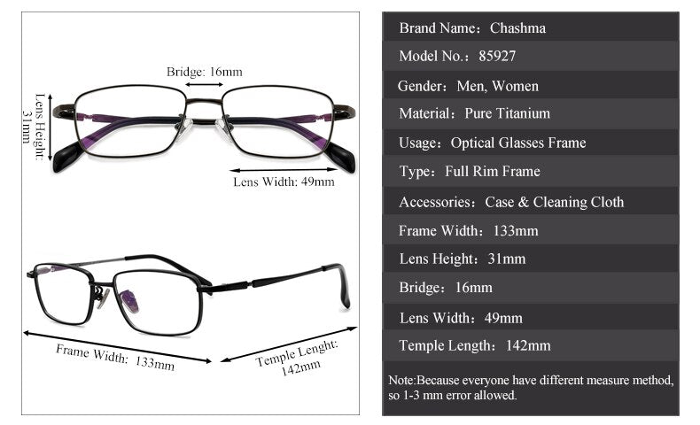 Chashma Ochki Unisex Full Rim Small Square Titanium Eyeglasses 85927 Full Rim Chashma Ochki