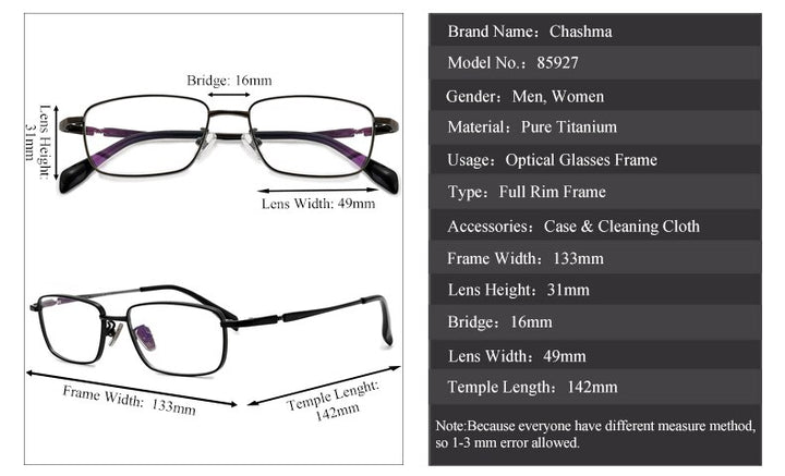 Chashma Ochki Unisex Full Rim Small Square Titanium Eyeglasses 85927 Full Rim Chashma Ochki