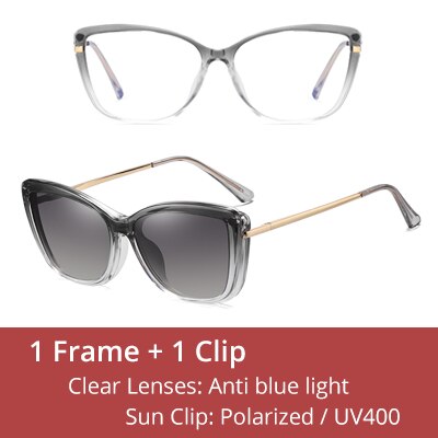 Ralferty Women's Full Rim Square Cat Eye Acetate Eyeglasses With Clip On Sunglasses D95335 With Clip Ons Ralferty C2 Gray