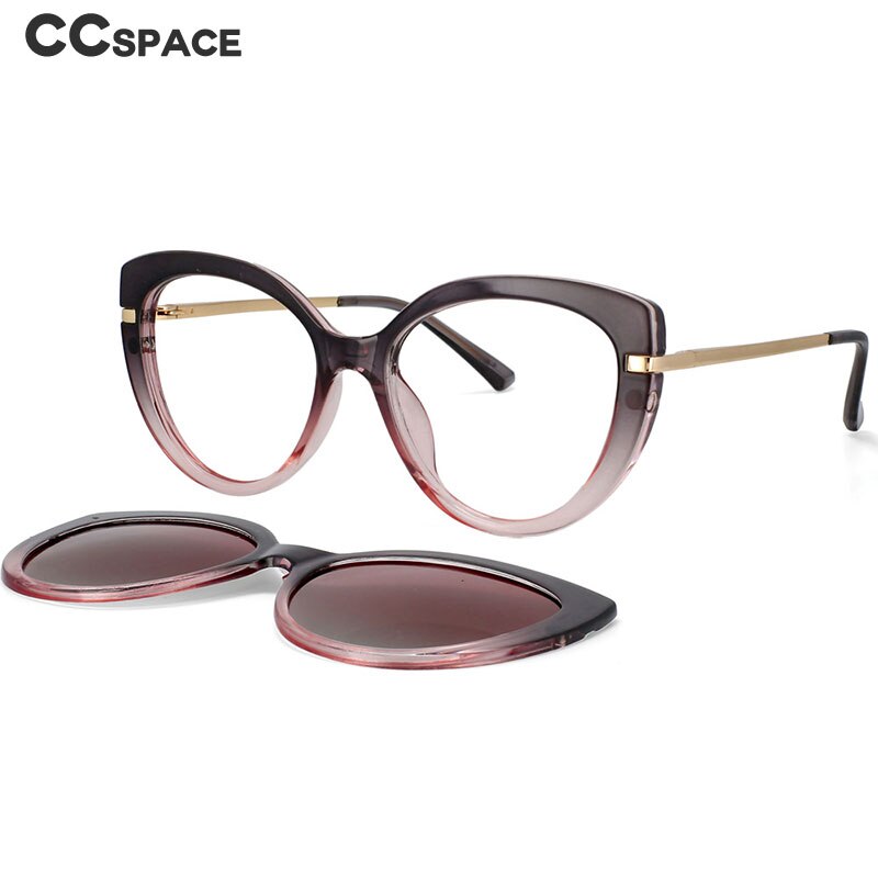 CCspace Unisex Full Rim Cat Eye Tr 90 Titanium Frame Eyeglasses Clip On Sunglasses 53673 With Clip Ons CCspace