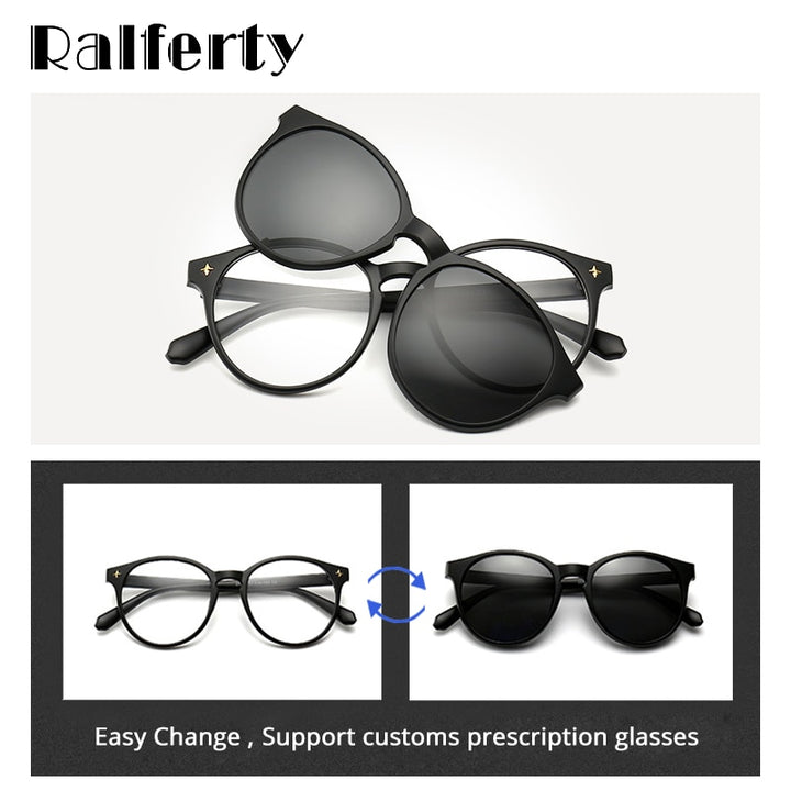 Ralferty Unisex Full Rim Round Polycarbonate Eyeglasses Clip On Sunglasses 2231 With Clip Ons Ralferty