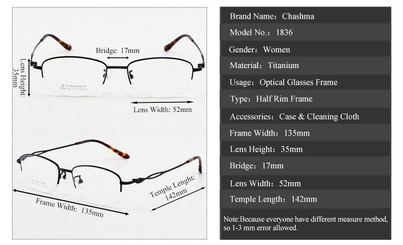 Chashma Ochki Women's Semi Rim Square Titanium Eyeglasses 1836 Semi Rim Chashma Ochki