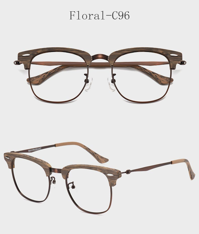 Hdcrafter Men's Full Rim Round Wood Alloy Frame Eyeglasses 8057 Full Rim Hdcrafter Eyeglasses