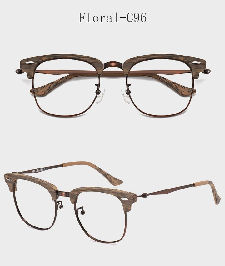 Hdcrafter Men's Full Rim Round Wood Alloy Frame Eyeglasses 8057 Full Rim Hdcrafter Eyeglasses