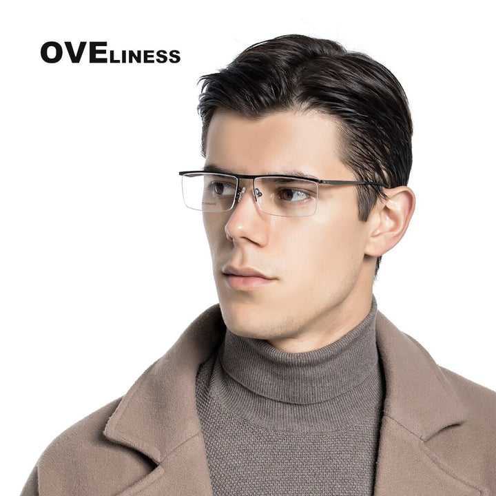 Oveliness Men's Semi Rim Square Titanium Alloy Eyeglasses Ol88p27 Semi Rim Oveliness