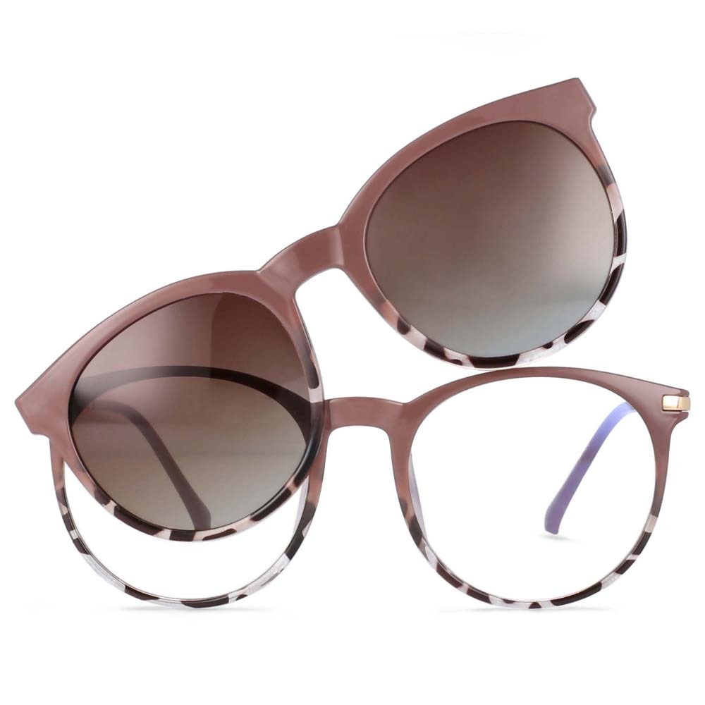 CCspace Unisex Full Rim Round Tr 90 Titanium Frame Eyeglasses Clip On Sunglasses 54044 With Clip Ons CCspace Khaki