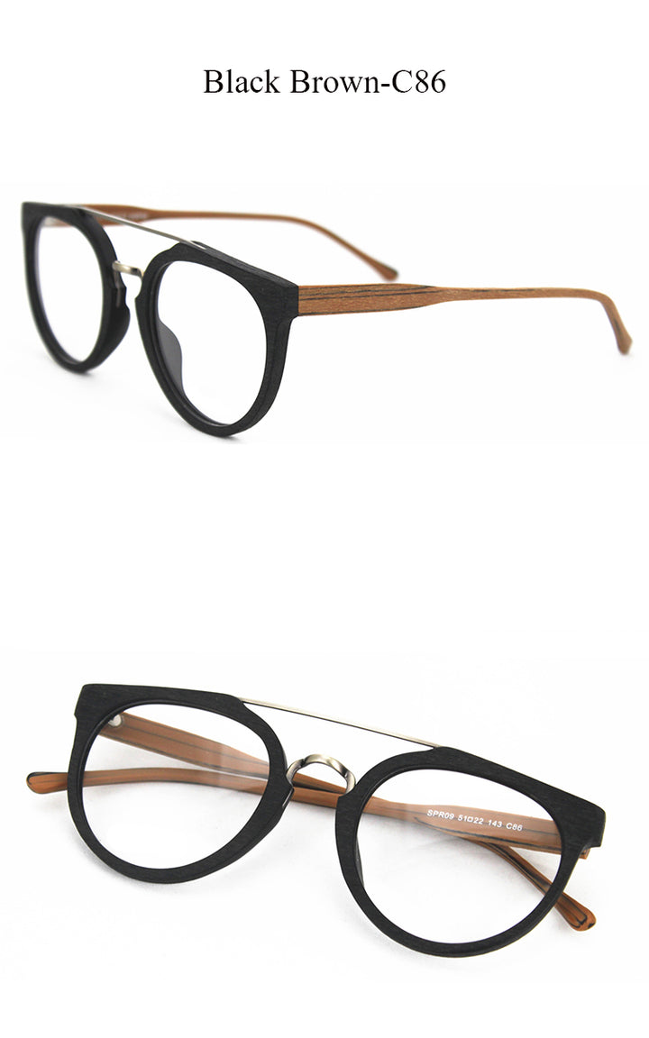 Hdcrafter Unisex Full Rim Round Wood Metal Acetate Double Bridge Frame Eyeglasses Spr09 Full Rim Hdcrafter Eyeglasses