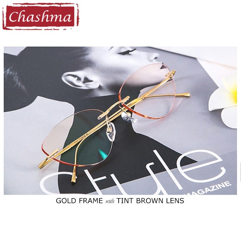 Chashma Ottica Unisex Rimless Triangle Cat Eye Titanium Eyeglasses 632 Rimless Chashma Ottica Gold Brown