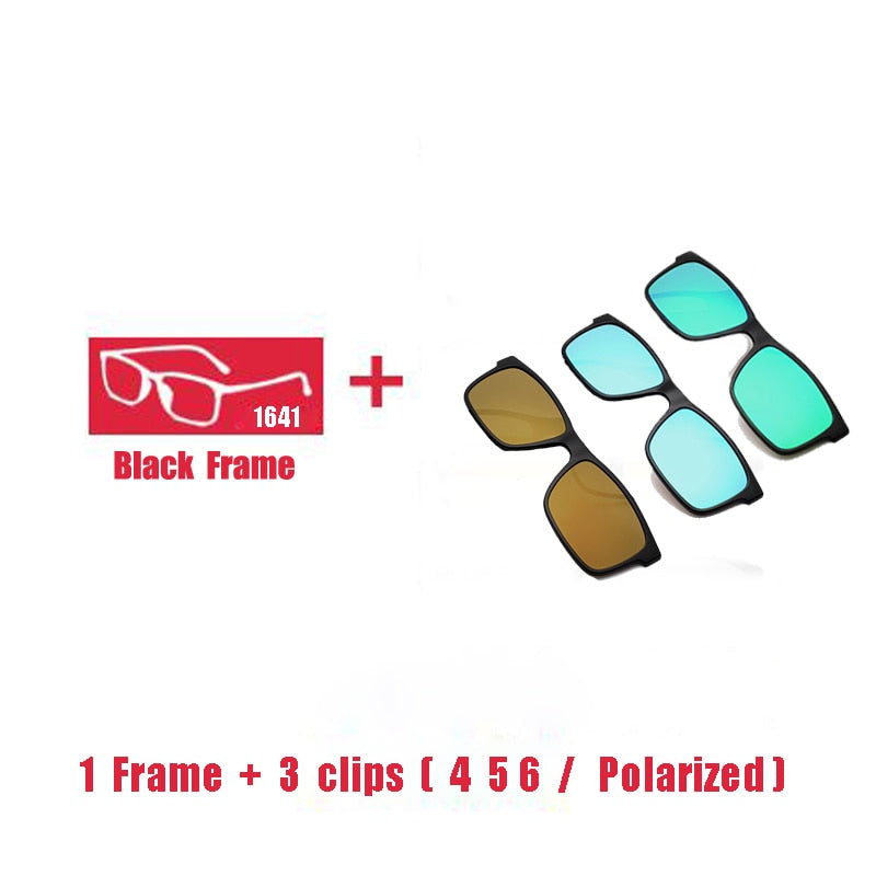 Oveliness Unisex Full Rim Square Tr 90 Titanium Eyeglasses Polarized Clip On Sunglasses 1641 With Clip Ons Oveliness 1F 3 clips 4 5 6