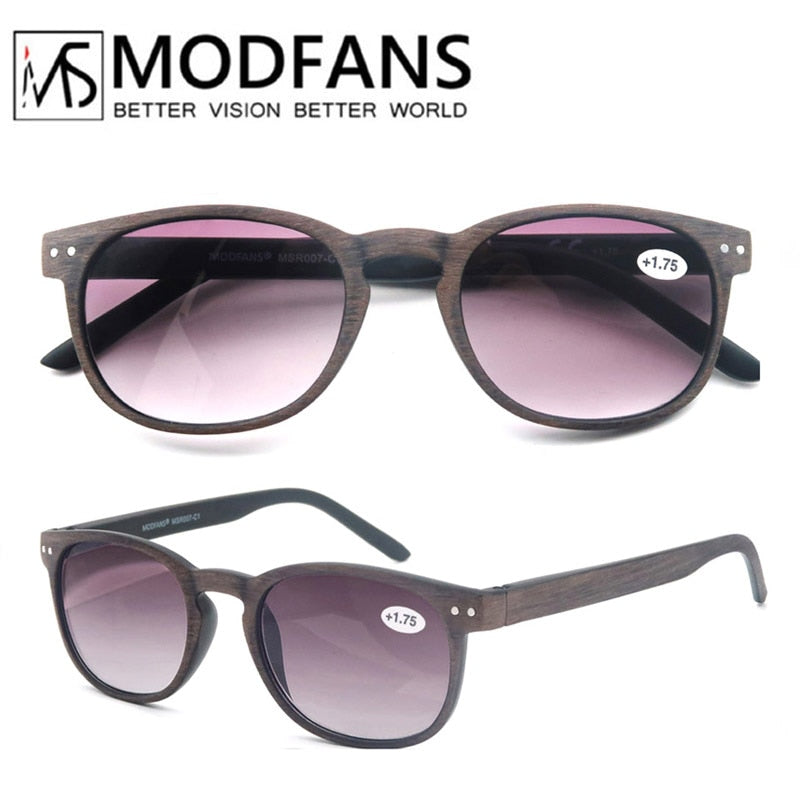 Modfans Unisex Full Rim Round Polycarbonate Reading Glasses R062 Reading Glasses Modfans Wooden L.Br - grey +100