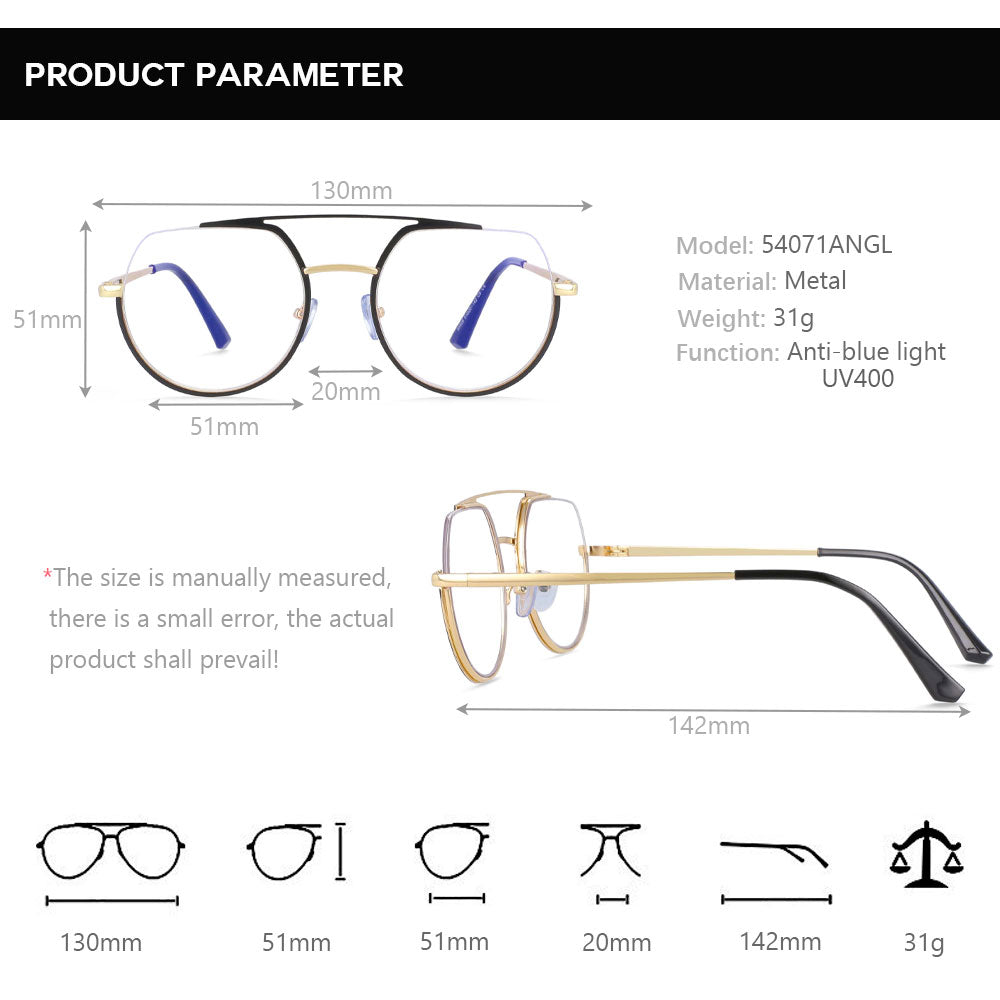 CCspace Unisex Semi Rim Oversized Round Double Bridge Alloy Eyeglasses 54071 Semi Rim CCspace