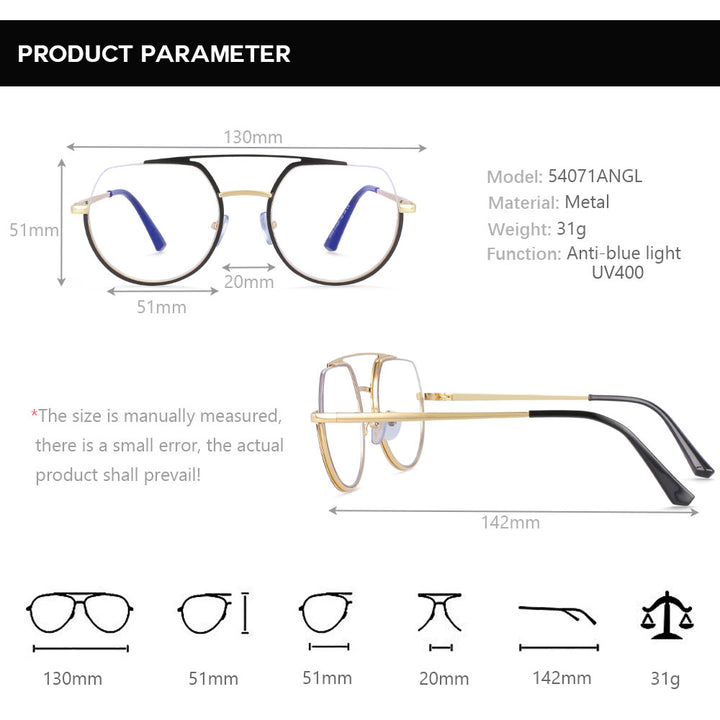 CCspace Unisex Semi Rim Oversized Round Double Bridge Alloy Eyeglasses 54071 Semi Rim CCspace