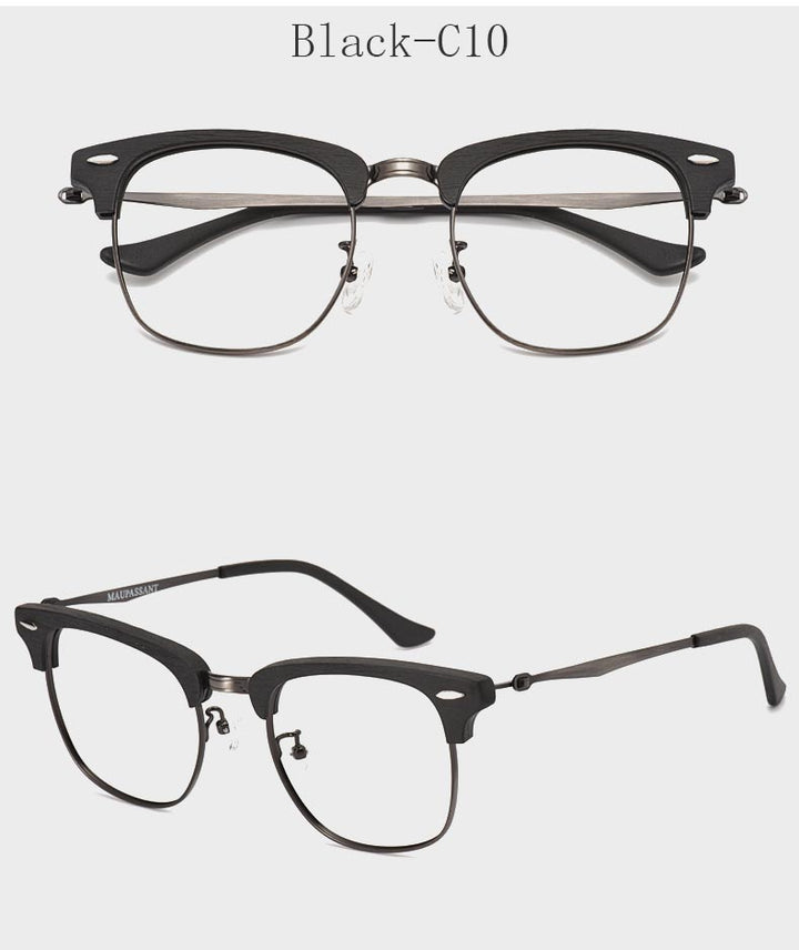Hdcrafter Men's Full Rim Round Wood Alloy Frame Eyeglasses 8057 Full Rim Hdcrafter Eyeglasses