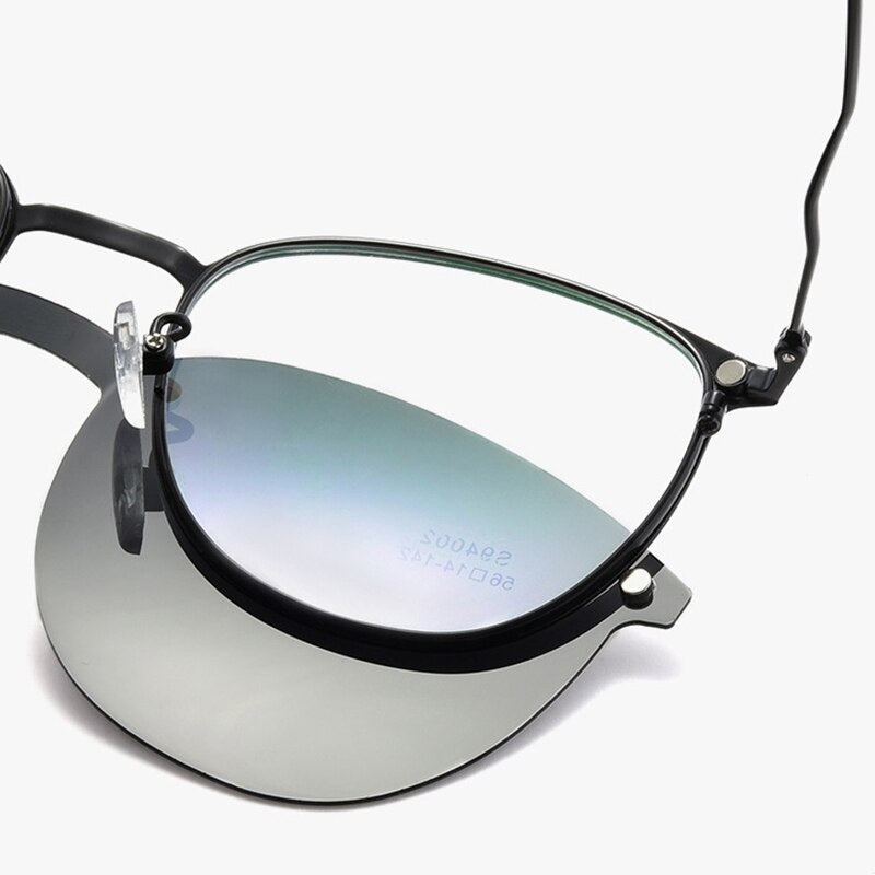 Hotochski Unisex Full Rim Titanium Oval Frame Eyeglasses With Polarized Clip On Sunglasses S94002 With Clip Ons Hotochki