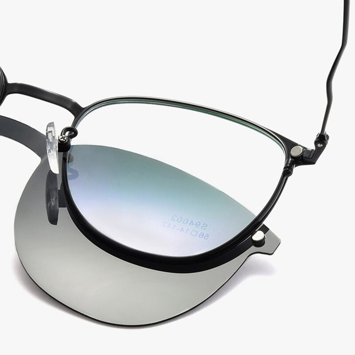 Hotochski Unisex Full Rim Titanium Oval Frame Eyeglasses With Polarized Clip On Sunglasses S94002 With Clip Ons Hotochki