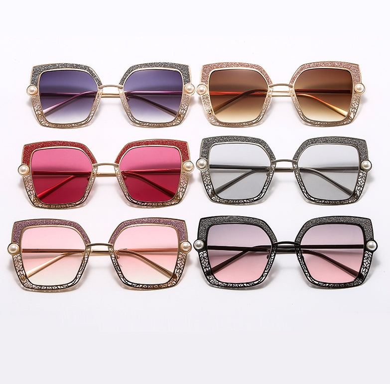 CCspace Women's Full Rim Square Cat Eye Hollow Pearl Alloy Frame Sunglasses 46548 Sunglasses CCspace Sunglasses