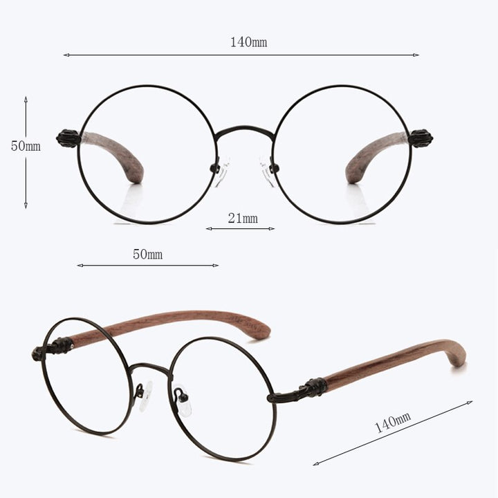 Hdcrafter Unisex Full Rim Round Wood Alloy Screwless Frame Eyeglasses 7573 Full Rim Hdcrafter Eyeglasses