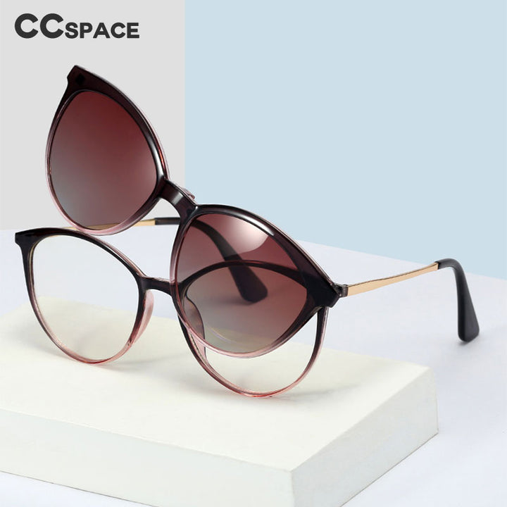 CCspace Unisex Full Rim Round Cat Eye Tr 90 Titanium Frame Eyeglasses Clip On Sunglasses 48344 With Clip Ons CCspace