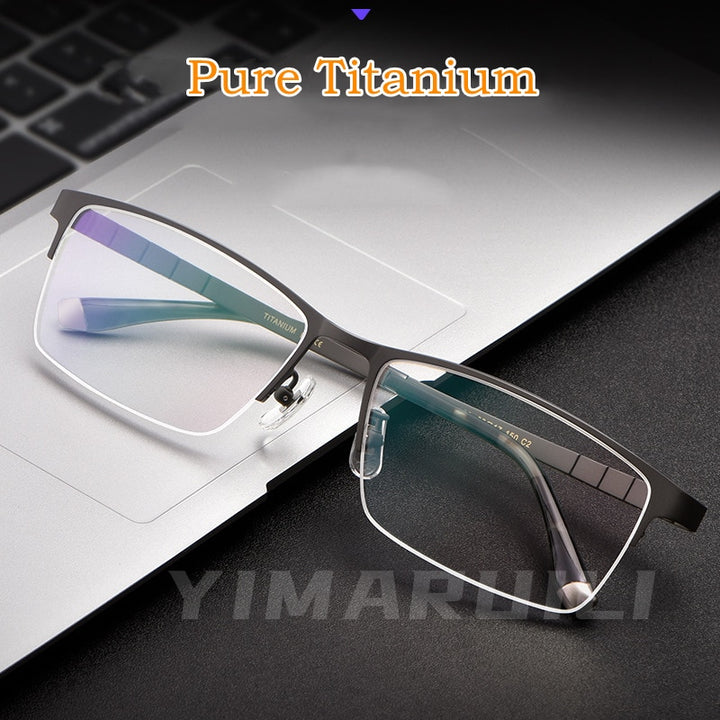 Yimaruili Men's Semi Rim Titanium Rectangular Frame Eyeglasses HT0186 Semi Rim Yimaruili Eyeglasses