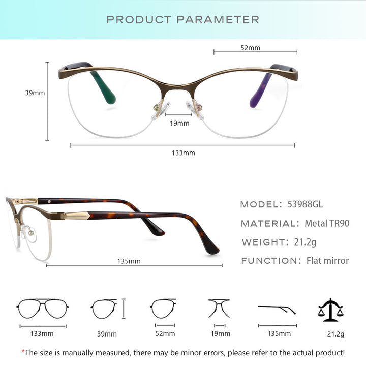CCspace Women's Semi Rim Brow Line Cat Eye Alloy Acetate Frame Eyeglasses 53988 Semi Rim CCspace