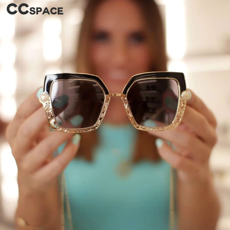 CCspace Women's Full Rim Square Cat Eye Hollow Pearl Alloy Frame Sunglasses 46548 Sunglasses CCspace Sunglasses