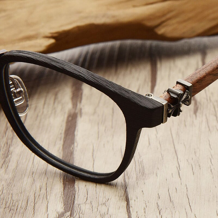 Hdcrafter Unisex Full Rim Round Wood Temple Eyeglasses 7473d Full Rim Hdcrafter Eyeglasses