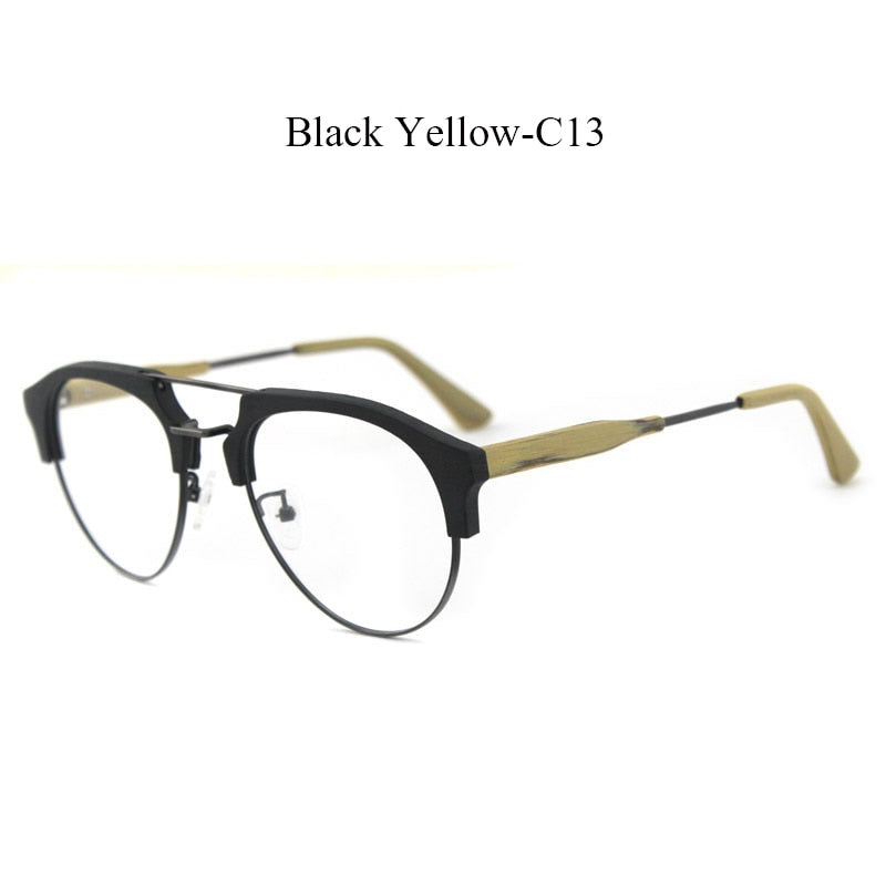 Hdcrafter Men's Full Rim Round Double Bridge Wood Metal Frame Eyeglasses 15144 Full Rim Hdcrafter Eyeglasses C13